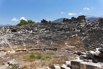 Fethiye, Mugla, Turkey - June 16 2014: Roman amphitheater of the archaeological site of Tlos, Lycia
