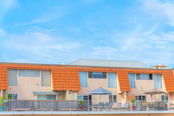 Terrace with white metal railings of townhouses at Carlsbad, San Diego, California