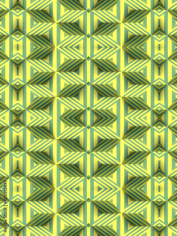 Poster kaleidoscopic pattern of rectangles covered with green and yellow striped texture. 3d rendering digi