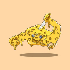 Monster cheese stabbed by knife cartoon scary vector illustration