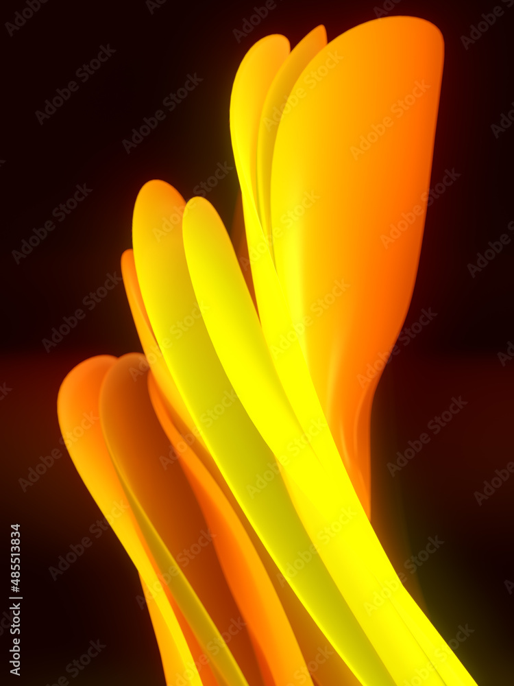 Poster Fluctuating strips of orange fabric in the wind. Abstract 3d rendering art background. Digital illustration