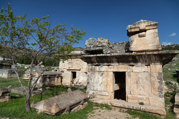 Fototapeta na wymiar Pamukkale, Denizli, Turkey: April 03 2016: Necropolis of Hierapolis, Turkey (UNESCO World Heritage List, 1988)