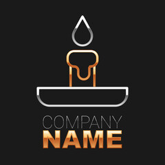 Line Burning candle in candlestick icon isolated on black background. Cylindrical candle stick with burning flame. Colorful outline concept. Vector