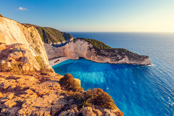 Navagio shipwreck beach în Zakynthos Greece at sunset