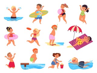 Children beach characters. Seaside kids, summer play child. Ocean holiday travel, isolated kid swimming and water sport training, decent vector set