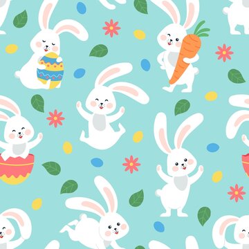 Easter bunny seamless pattern. Toddler bunnies, spring flourish festive background. Rabbit with eggs and flowers, cartoon hare decent vector print design