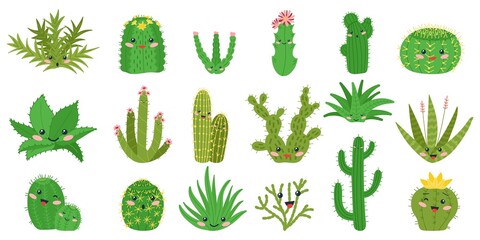 Cute cactus. Happy cacti with kawaii faces. Isolated plant patches, decorative cartoon stickers for kids. Funny desert succulents decent vector characters