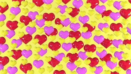 3D image. Festive yellow background with colorful hearts. Lots of red, yellow and pink hearts. Valentine's Day greeting card. 3D rendering. 3D illustration.