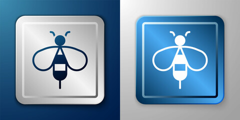 White Bee icon isolated on blue and grey background. Sweet natural food. Honeybee or apis with wings symbol. Flying insect. Silver and blue square button. Vector