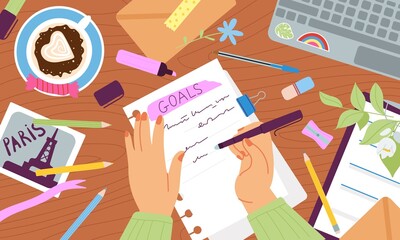 Woman writes in diary. Hands and journal, writing idea and plans in notepad with pen. To do list, organizing goals in paper book. Student notes, decent vector scene