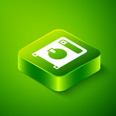 Isometric Washer icon isolated on green background. Washing machine icon. Clothes washer - laundry machine. Home appliance symbol. Green square button. Vector