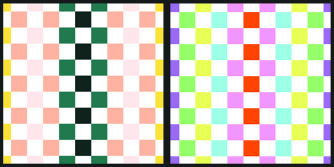Set of vector patterns. Multi-colored squares are arranged in a checkerboard pattern. White isolated background. 