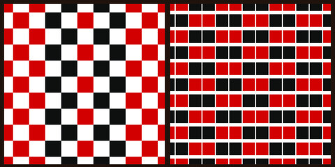 Set of vector patterns. Black and red squares are staggered and vertical. White isolated background. 