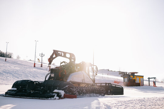 Sochi, Estosadok, Russia, 31 March 2021: Prinoth - Caterpillar vehicle for maintenance of mountain ski slopes.
