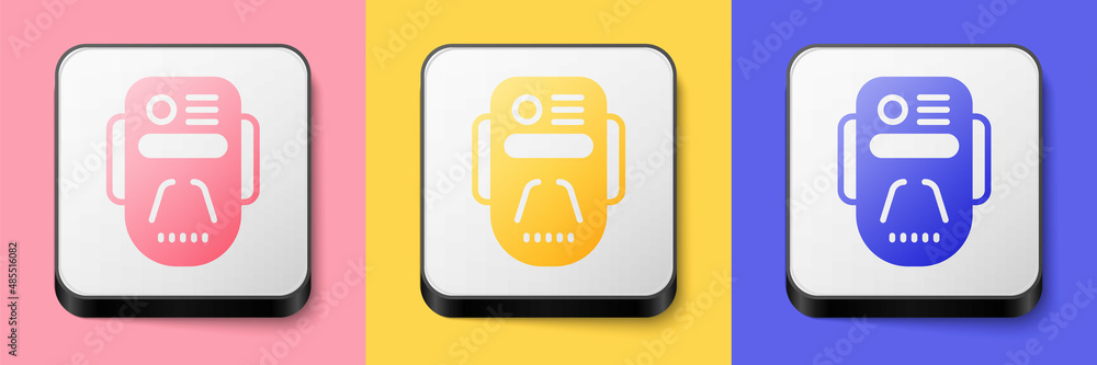Poster isometric artificial intelligence robot icon isolated on pink, yellow and blue background. machine l