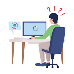 Man upset with no wifi semi flat color vector character. Sitting figure. Full body person on white. Home problem isolated modern cartoon style illustration for graphic design and animation