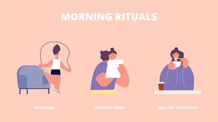 Morning rituals. Training, healthy breakfast and writing diary. Girl started happy day. Woman jump, reading and eat, vector positive info banner
