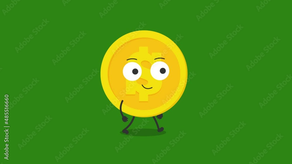 Poster cute dollar coin character walking animation.4k video motion animation.