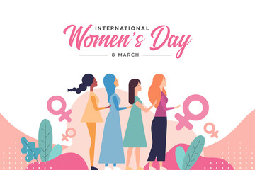 international women's day a diverse group of women are lined up between female symbol vector design - Powered by Adobe