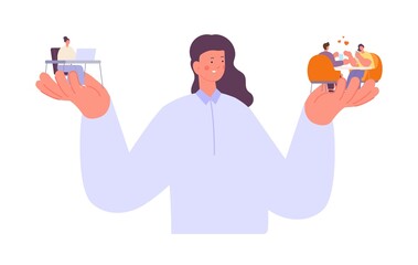 Woman choose between relationships and work. Hard choice, lifestyle modern urban girl. Family or friendship or job, vector concept