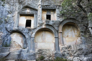 Termessos, Antalya, Turkey - September 09 2012: Low view of the rock tomb at Termessos