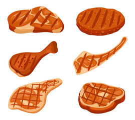 Cartoon grilled meat, cooked steak, rib and burger patty with marks. Roasted food from bbq. Restaurant or steak house menu. Tasty fat pork and beef slices isolated on white vector set