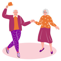 Happy pensioners dance with their friends and have fun in a good mood. senior dancers. Vector flat portrait of old cute loving couples. Character illustration in cartoon style. Healthy lifestyle