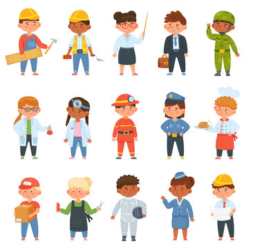 Kids in professional uniform. Children doing different job as builder, teacher, businessman, doctor and firefighter. Boys and girls choosing career. Characters employees isolated vector set