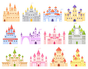Fantasy cartoon medieval castles. Fairy tale royal kingdom with towers. Ancient dream building for king and queen. Fiction palace exterior for princess isolated vector set. Mysterious mansions © Frogella.stock