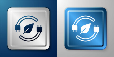 White Electric saving plug in leaf icon isolated on blue and grey background. Save energy electricity. Environmental protection. Bio energy. Silver and blue square button. Vector