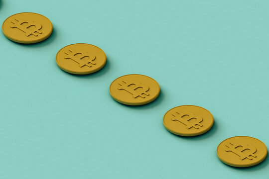 Three dimensional render of row of Bitcoins flat laid against turquoise background