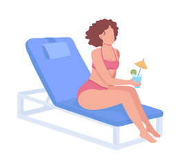 Young woman in swimsuit with cocktail semi flat color vector character. Sitting figure. Full body person on white. Summer retreat simple cartoon style illustration for web graphic design and animation