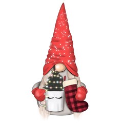 Nordic Gnome With Christmas Tree On The Cup And Christmas Sock Hand Drawn Illustration