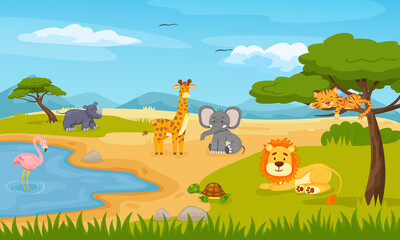 Cartoon wild animals in savannah. Outdoor environment, safari wildlife with pond for cute flamingo, giraffe, rhino and turtle. African beautiful flora and fauna vector illustration