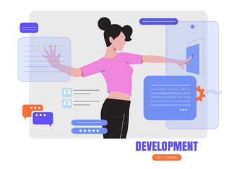 Woman designer working on ui ux design or mobile application. Design and programming banner, web landing page, advertisement. Studio or agency prototyping or coding web page or mobile app. Cms develop