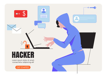 Woman hacker phishing with laptop computer stealing confidential data, personal information, user login, password, document, email and credit card. Cyber criminal phishing and fraud, online scam and s