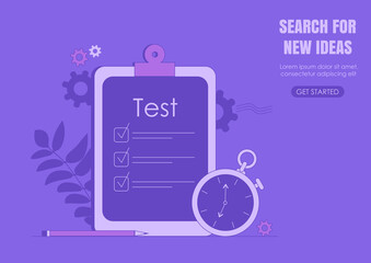 Online testing. Work and exam test. Concept of e-learning, examination on computer. Vector illustration of monitor with checklist form for exam, survey or quiz.