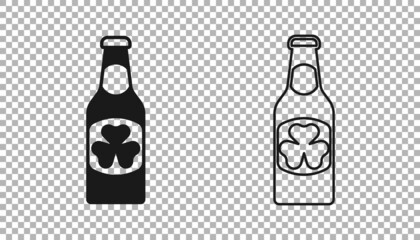 Black Beer bottle with clover trefoil leaf icon isolated on transparent background. Happy Saint Patricks day. National Irish holiday. Vector