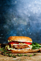 Veggie burger with falafel. Vegetarian meat, veg hamburger, vegetable cutlet background