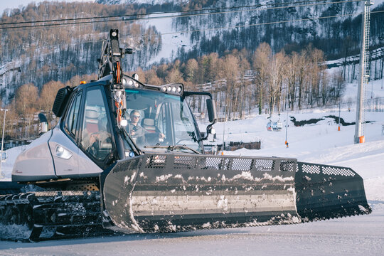 Sochi, Estosadok, Russia, 31 March 2021: Close up of the Snowcat 'Prinoth' Caterpillar vehicle for maintenance of mountain ski slopes.