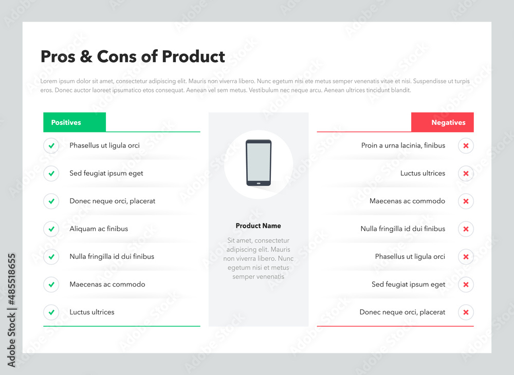Aufkleber pros and cons of product template with place for description. flat infographic design template for w