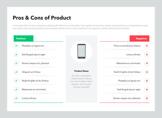 Pros and cons of product template with place for description. Flat infographic design template for website or presentation.