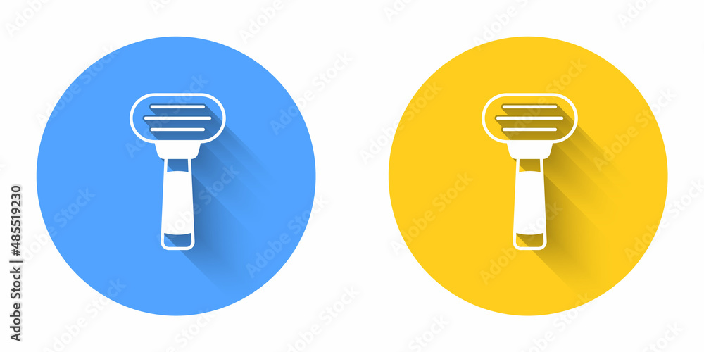 Poster white shaving razor icon isolated with long shadow background. circle button. vector