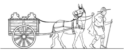 Roman driver with donkey and wagon with goods. Historical drawing.