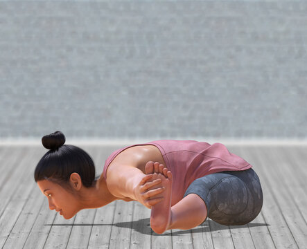 Virtual Woman in Yoga Seated Wide-legged forward bend Pose with a clear wood floor
