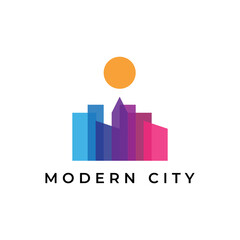 modern and simplicity city buildings with sun logo design