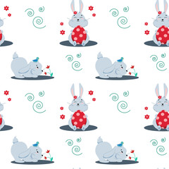 seamless pattern of easter bunnies and easter red eggs