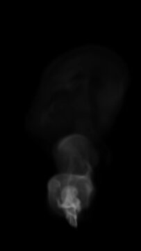 Top View of Tall and Thin Wisp of White Smoke with very Low Density going up Slowly on a Black Background