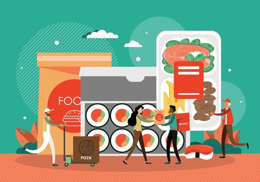 People order sushi, burgers and pizza online, vector illustration. Food delivery restaurant, fast food courier service.