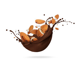 Dried crushed almonds in chocolate splashes isolated on white background